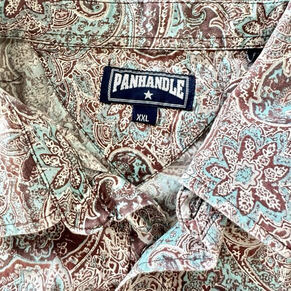 Panhandle Shirt Men’s XXL Button Down Blue Brown Short Sleeve Western Paisley - Picture 9 of 13